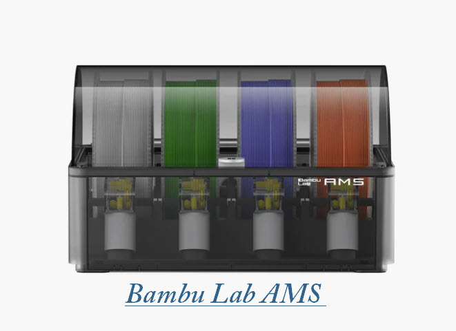 Bambu Lab AMS shown with 4 different color filament reels displayed